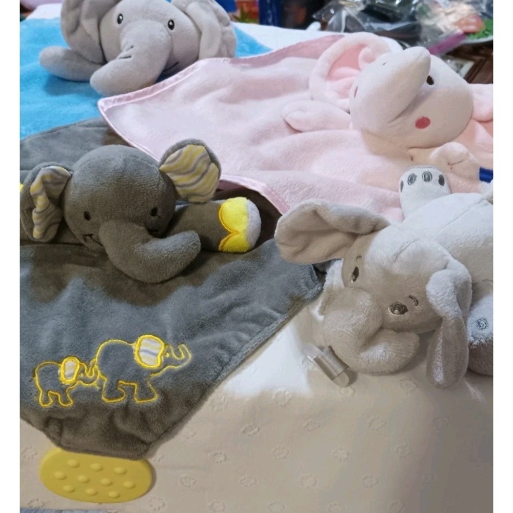 Lot (4) 3 Elephant Loveys Security Blanket 1 Elephant Paci Holder Gray Pink Blue